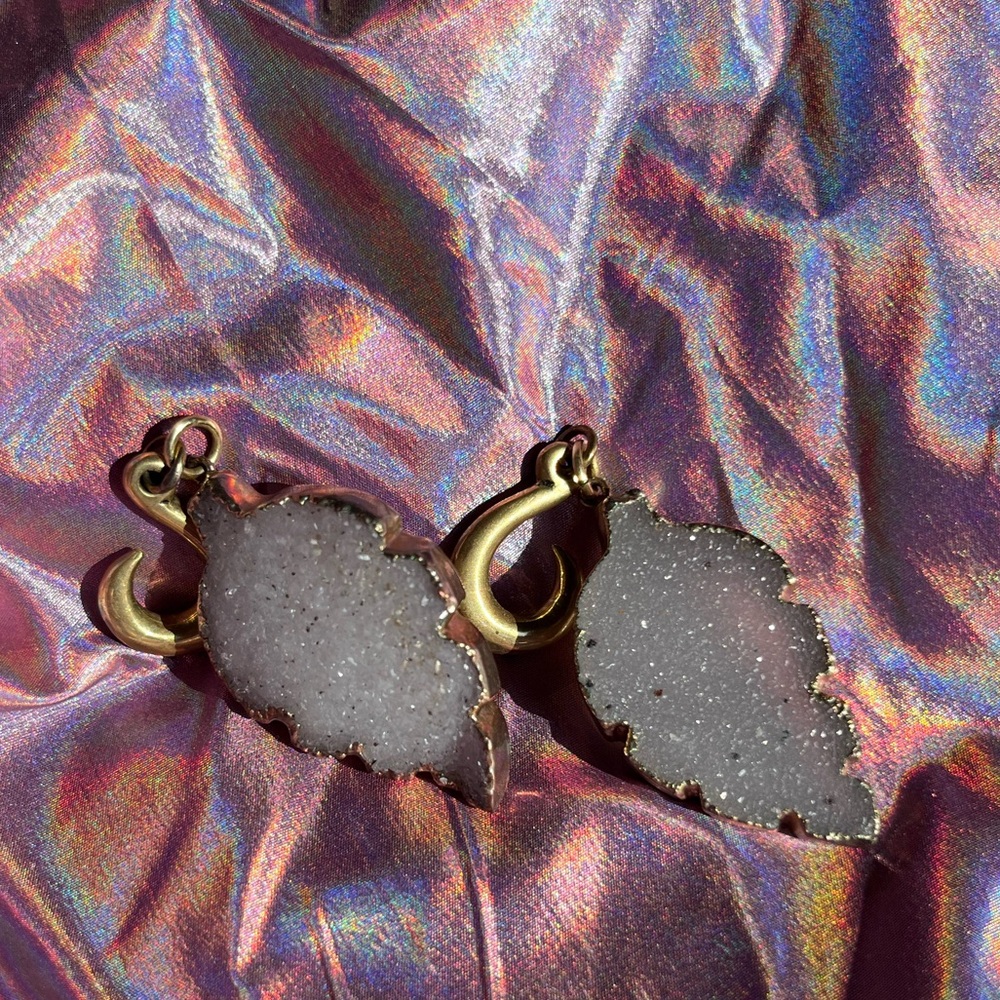 Leaf White Druzy Earweights with Brass Hooks